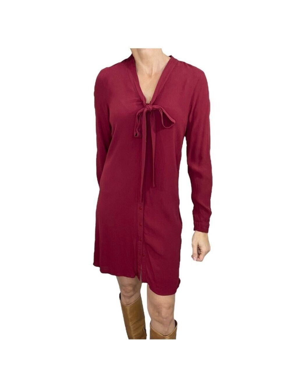 Daniel Rainn maroon red long sleeve tie neck shirt dress shift dress S